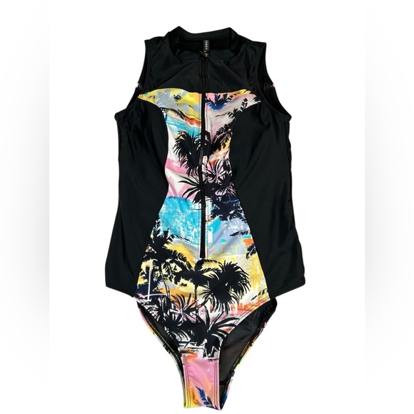 Torrid Swimsuit Women's Size L (0) Black/Palm Trees One-Piece Rashguard Zip - Picture 3 of 12